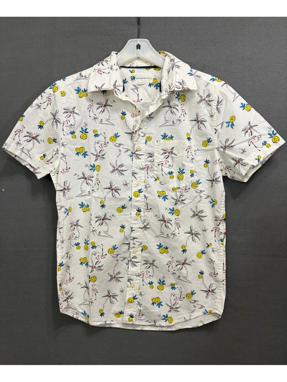 Aéropostale Men's Cotton Tropical Graphic Print Button-Up Shirt White S